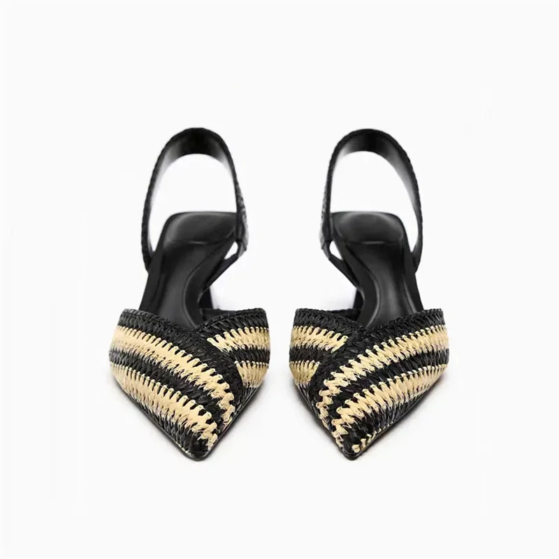 TRAF Women New Weave Stripe Heeled Sandals 2024 Summer Mid Heeled Slingbacks Patchwork Pointed Stilettos Shoes For Woman Party 2