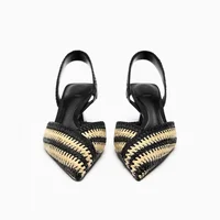TRAF Women New Weave Stripe Heeled Sandals 2024 Summer Mid Heeled Slingbacks Patchwork Pointed Stilettos Shoes For Woman Party 2