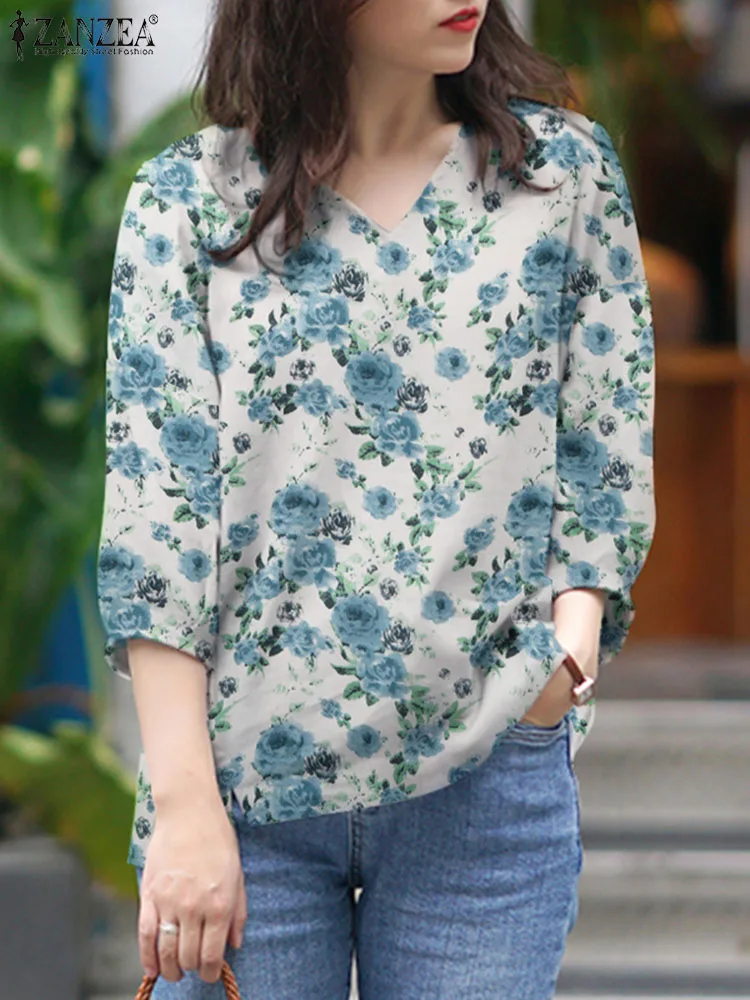 

Женская Повседневная Праздничная рубашка ZANZEA, модная блузка с цветочным принтом, элегантные офисные блузы, Женская туника с рукавом 3/4 и V-образным вырезом, топы 2024