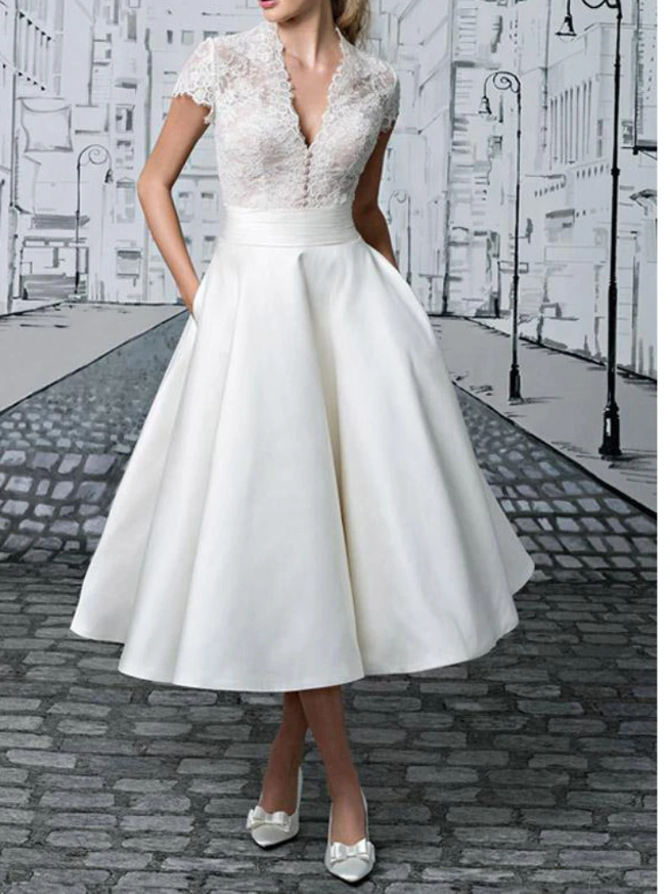 

Женское кружевное платье с V-образным вырезом и коротким рукавом