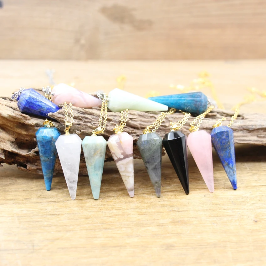 

Faceted Point Pendulum Pendant Chains,Natural Stone Sakura Agates Cone Charms Necklace Women Boho Jewelry,QC3255