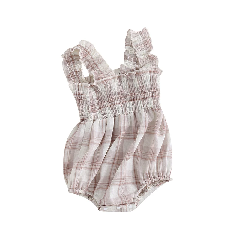

Newborn Baby Girl Sleeveless Rompers Playsuit Summer Clothes Plaid Print Ruched Jumpsuit Newborn Bodysuit