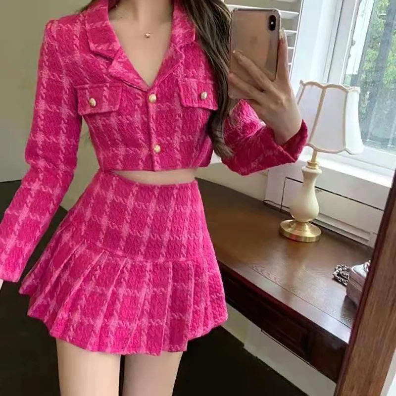 

Vintage Fashion Tweed Plaid Two Piece Set Women Spring Autumn Cropped Suit Jacket Mini Pleated Skirt 2pcs Sets Sweet Chic Outfit