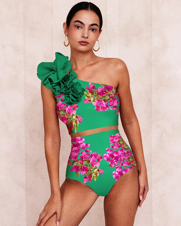 2024 Rose Pink Bougainvillea Flower Printed Bikini Set Swimsuit and Skirt Swimwear Women Flaxmaker Clearance Wholesale