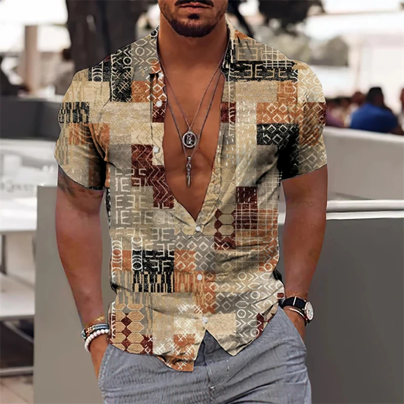 thumbnail image 1 of Camisa con estampado étnico para hombre, camisas de verano con solapa, camisetas de manga corta con gráficos a cuadros para hombre, camisetas de hip-hop de calle de gran tamaño 2024, 1 of 5