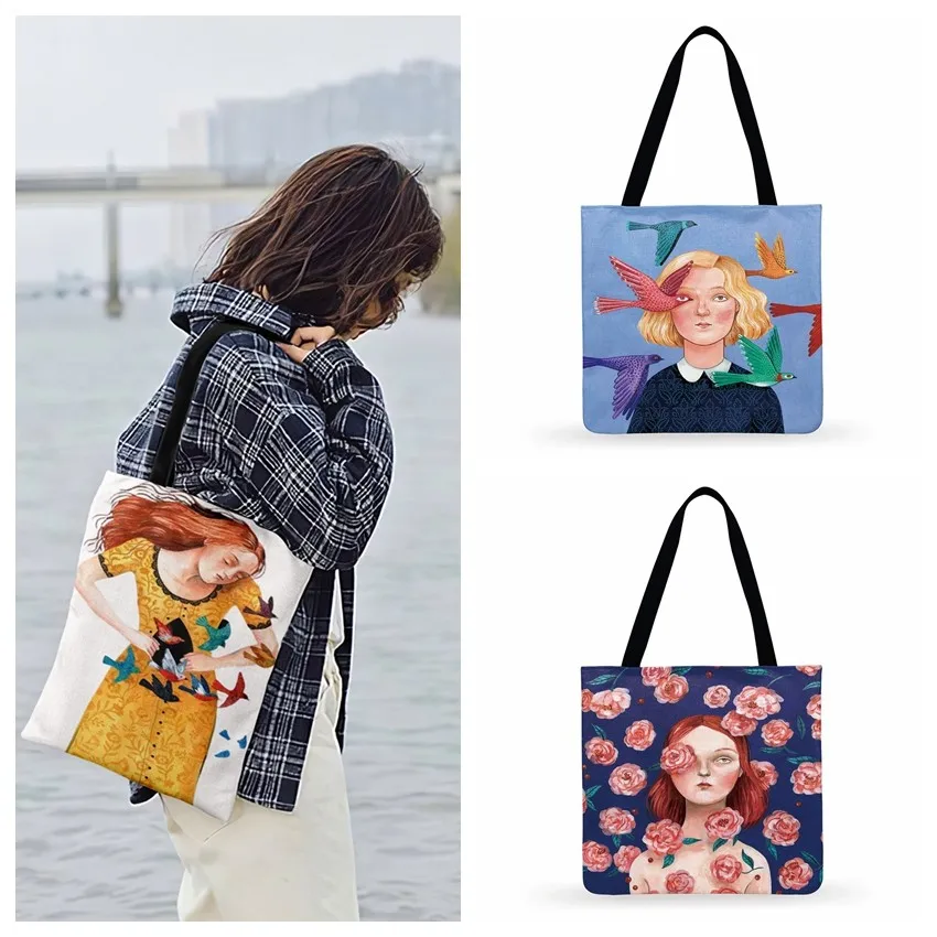 

British Illustration Art Print Tote Bag Women Casual Tote Ladies Shoulder Bag Foldable Shopping Bag Fashion Outdoor Beach Bags