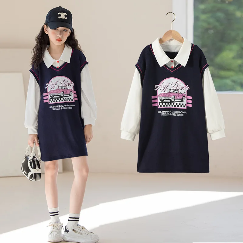 

Girls' Dress Autumn/Winter 2023 New Korean Edition Foreigner Children's Long Sleeve Skirt Women's Big Kid Air Car Pattern