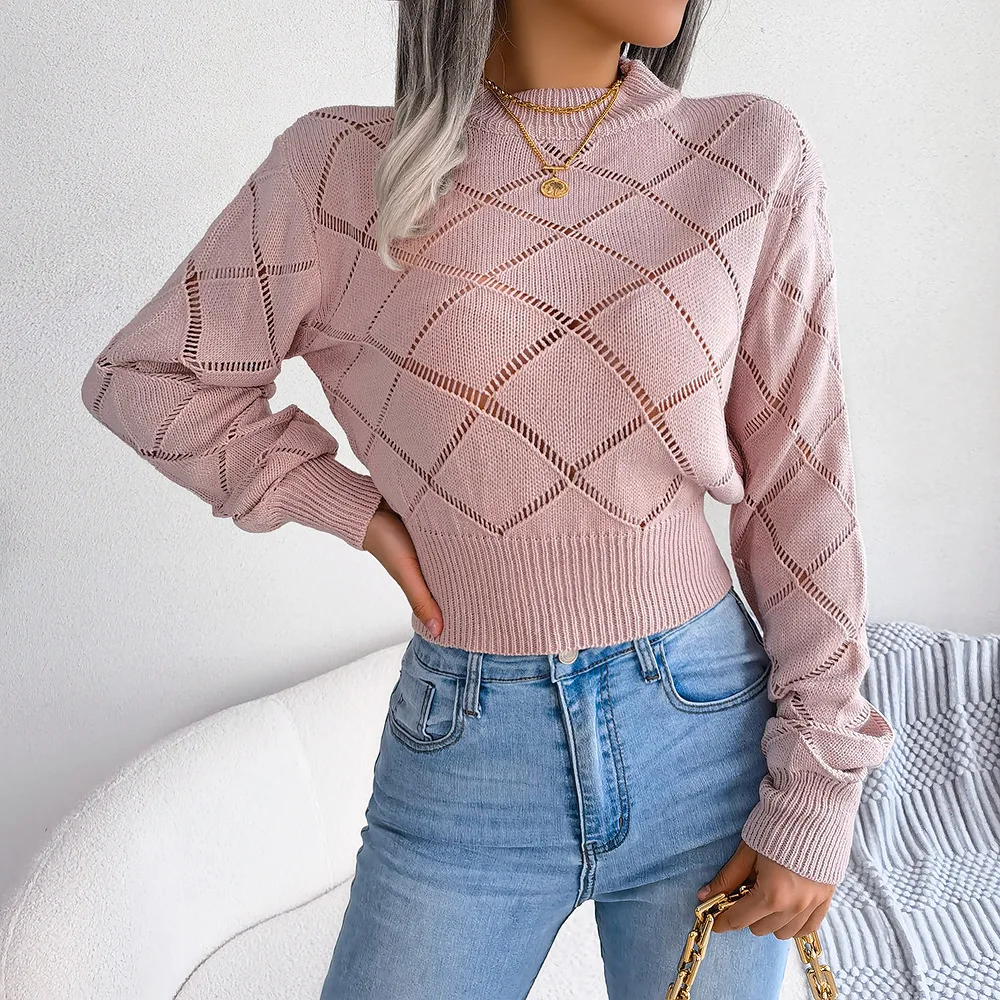 

Autumn Fashion Women's Sweater Hollow Out Plaid Crop Top Knitted Sweaters Long Sleeve Pullovers Knitwear Tops Womens Clothing