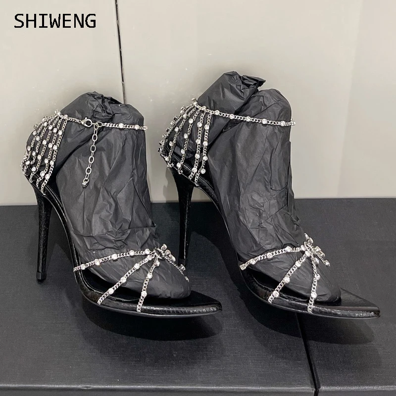 

2023 Summer Crystal Rhinestone Women Sandals Stiletto High Heels Slingback Ankle Strap Shoes Women Party Wedding Sandals