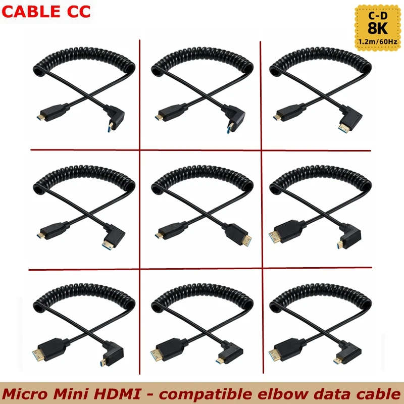 

2.1V 8k@60hz 4k@120hz Micro HDMI - compatible To Mini HDMI - compatible with C-D Elbow Coiled Cable Flexible Cord 1.2m