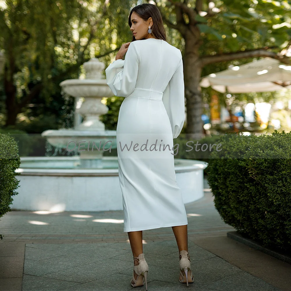 Midi Cocktail Kleider Lange Puff Sleeves Side Slit Elegante Hochzeit Gast Kleider für Frauen Tee Länge Einfache Party Kleid Kurze 2022