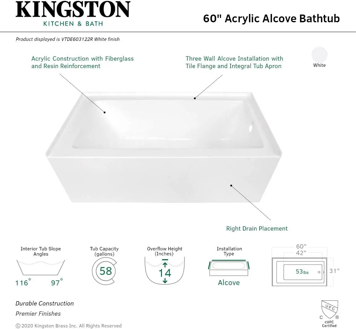 60 Inch Contemporary Alcove Acrylic Bathtub with Right Hand Drain and Overflow Holes White Three Wall Alcove Installation 5