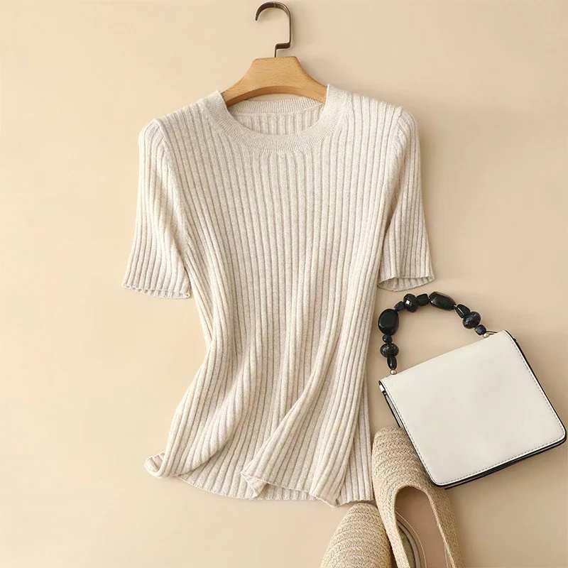 

2024 Women Early Spring Style 100% Cashmere Round Neck Pit Strip Knitted Bottoming Short-sleeved Sweater New