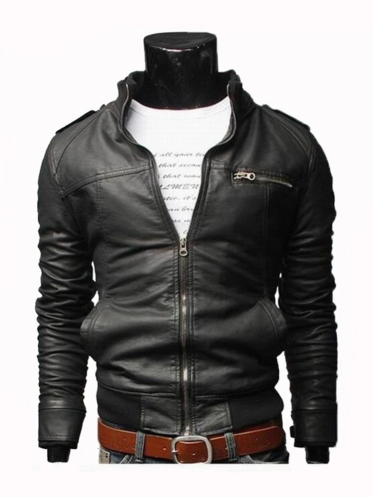 Aelegantmis Men Faux Leather Jacket Men's Stand Collar Coat Spring