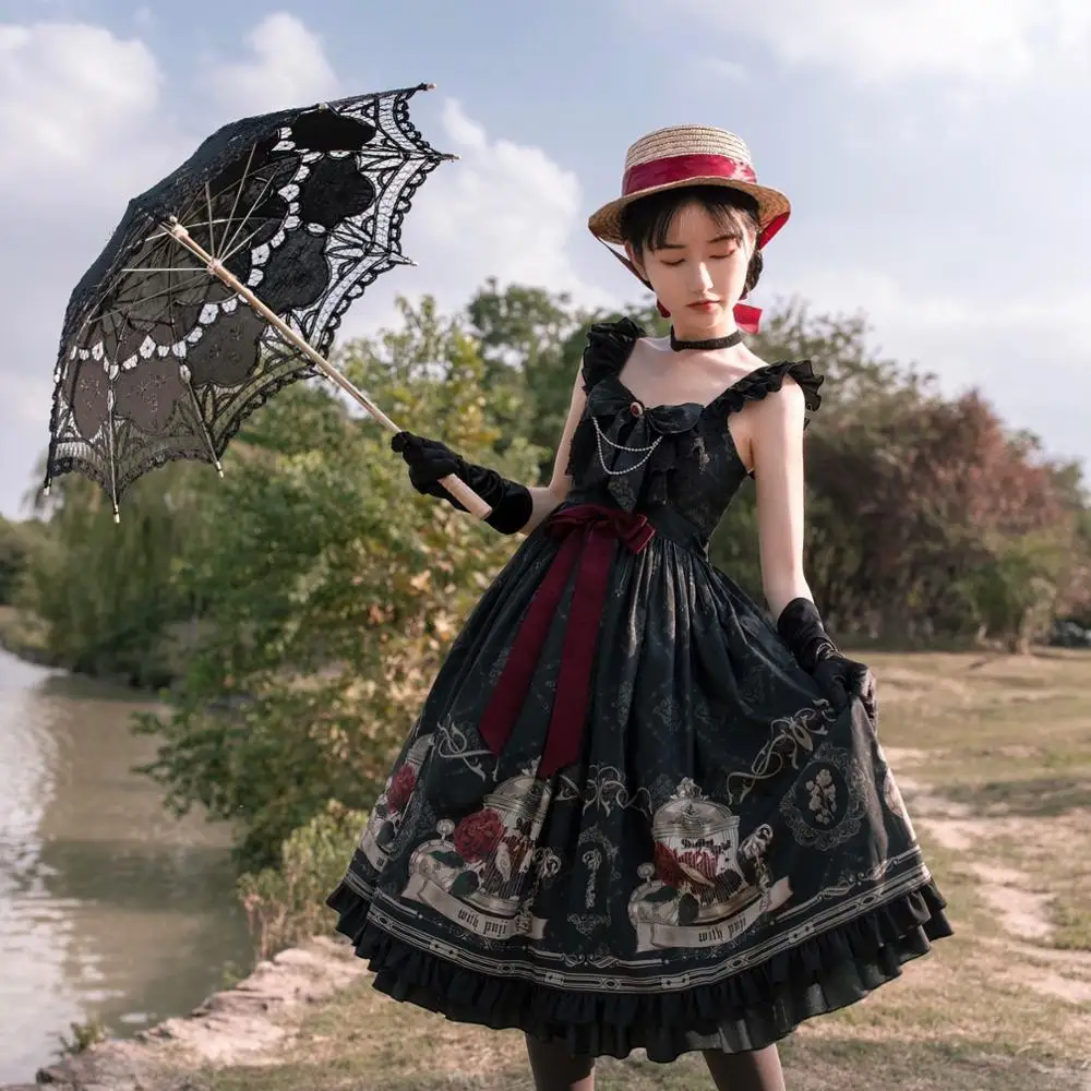 Lolita JSK Dress Nightingale and Rose Gothic Style Dark Vintage Victorian Princess Party Sleeveless lolita dress lolita suspender dress suspender dress lolita skirt gothic gowns