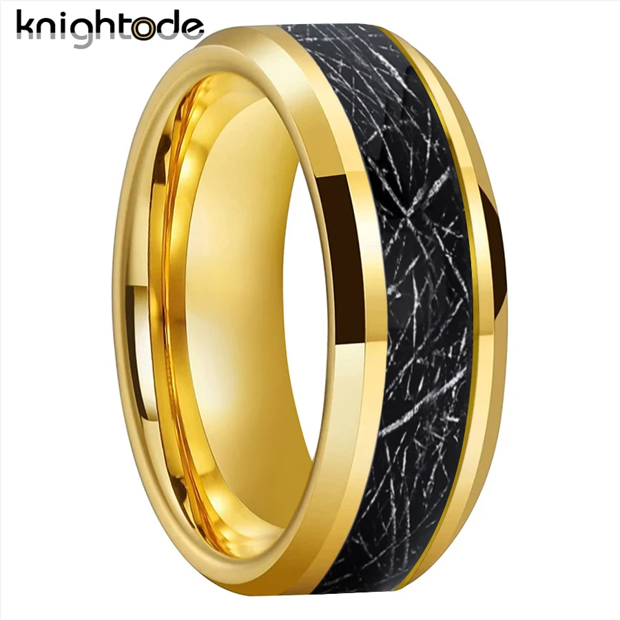 8mm Tungsten Carbide Wedding Band Black Meteorite Inlay Men Women Simple Stlye Flat Rings Beveled Edges Polished Comfort Fit 8mm men s tungsten carbide wedding band white meteorite black carbon fiber valentine engagement ring dome polished comfort fit