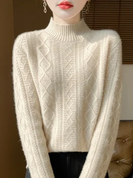 Naiste 100% meriinovillast madala kaeluse ja palmikmustriga kampsun M-XXL 1