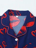 [Saint valentin] Ensemble pyjama 2 pièces avec imprimé lèvres, short à manches courtes, pyjama pour femme, ensemble de vêtements de détente adapté à un usage domestique 3