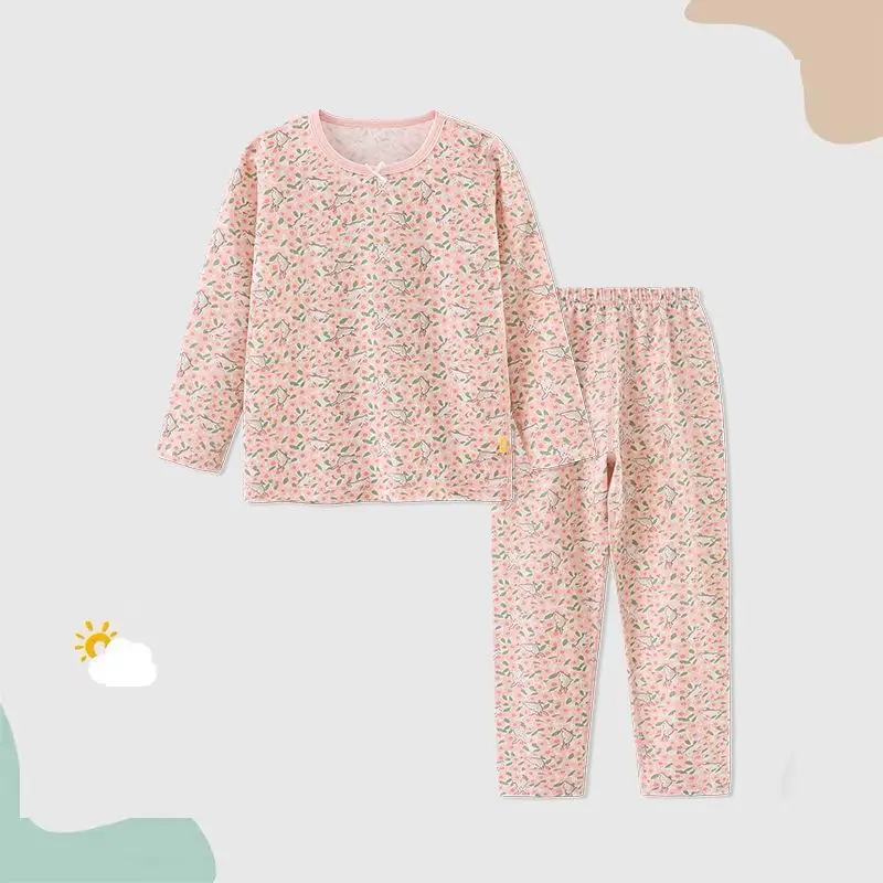 

2023 New Children's Pure Cotton Home Suit Set Spring And Autumn Long Sleeve Pants Pajamas Thin Fragmented Sweet Round Neck Leisu