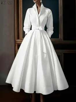 ZANZEA Fashion Women Lapel Neck Long Sleeve Party Dress 2026 Spring Office OL Dresses Belted Robe Solid A Line Waisted Sundress 1