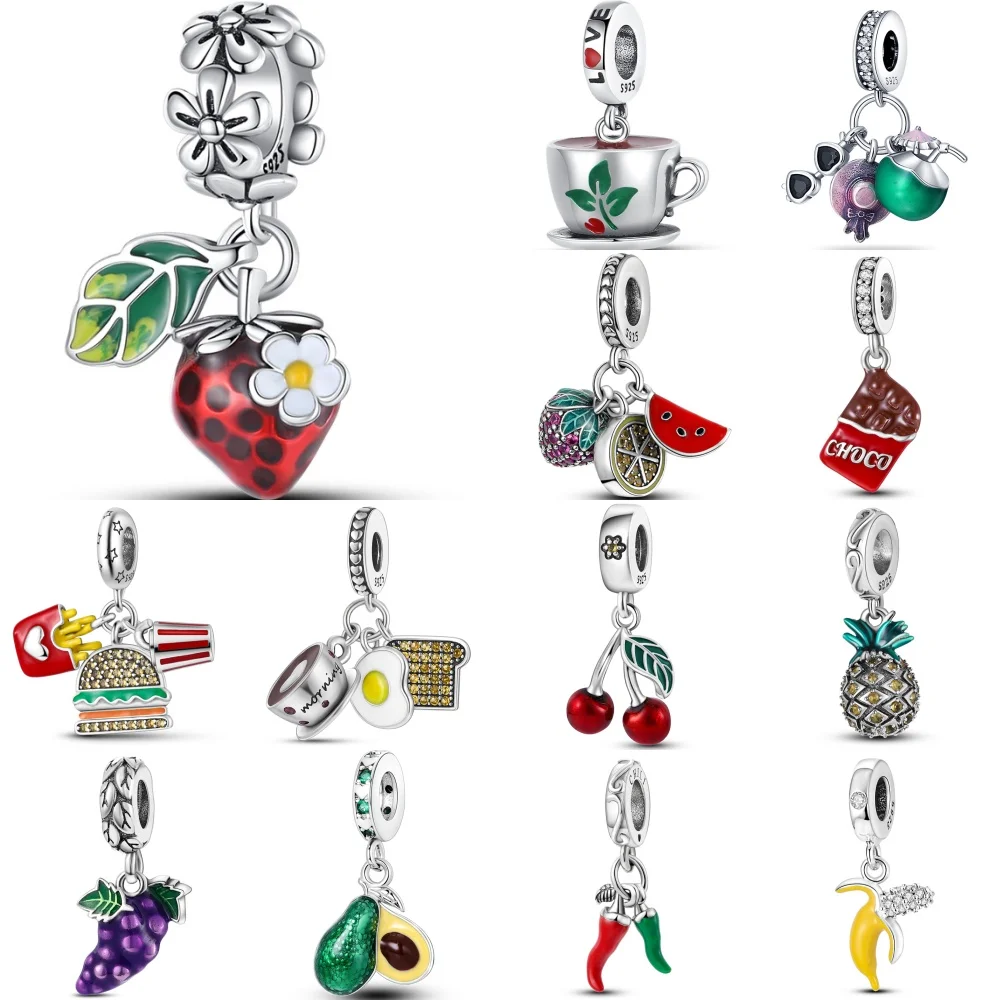 

925 Sterling Silver New Fruit Strawberry Coffee Dim Sum Series Charms Beads Fit Original Pandora Bracelets S925 DIY Jewelry Gift