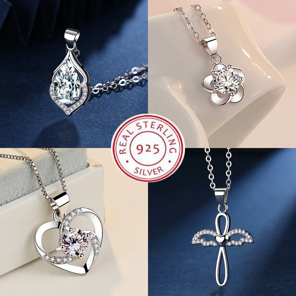 Pendant Necklace Silver Necklace Charms Silver Necklace Silver Pendant Heart Shaped Four Leaf Clover 925 Silver Jewelry Zircon Women Love Clavicle Chain Gifts Openable Choker