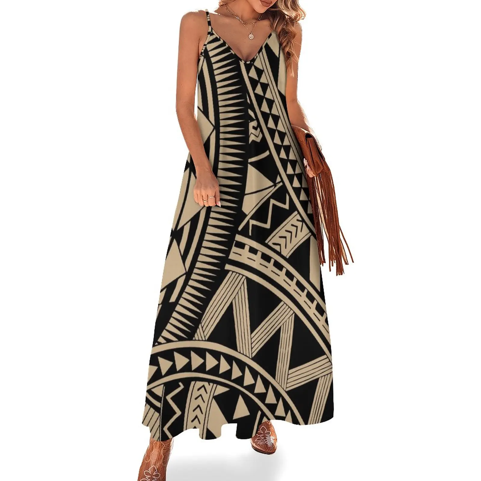 

Polynesian samoan tattoo black tan design Sleeveless Dress women clothes dress women elegant luxury
