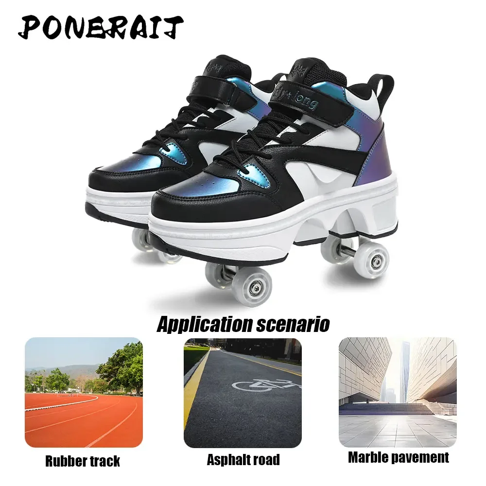 Boys High Top 4 Wheel Roller Shoes Fashion Unisex Automatic Pop-up Sneakers With Wheels Men Dual-purpose Skating Casual Shoes