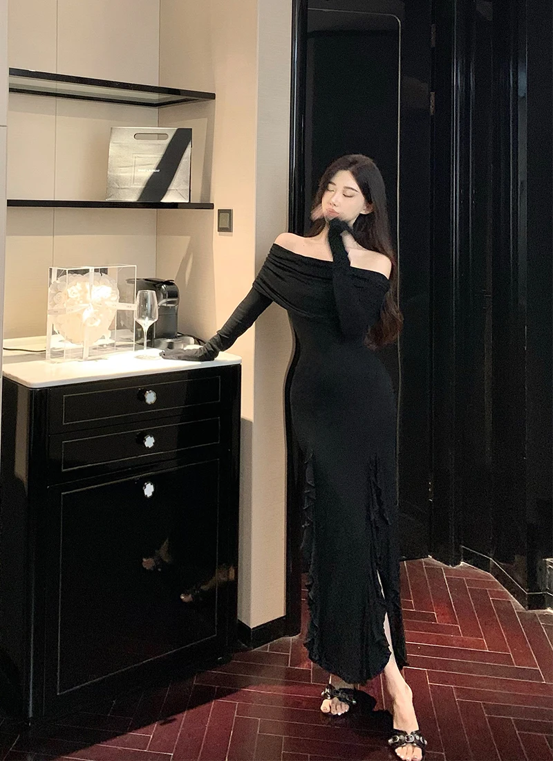 Sexy Bodycon Evening Dresses for Women Long Sleeves Slash Neck Ruffles High Slit Slim Korean Fashion One Piece Vestidos Mujer