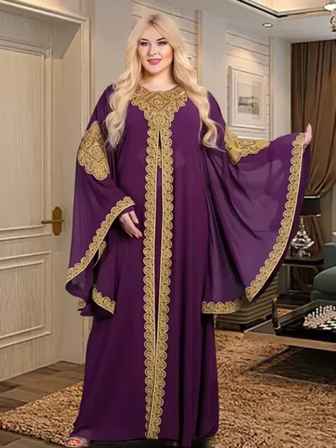 Party Dresses for Women Abaya Muslim Caftan 2 Piece Set Eid Flare Sleeves Robe Embroidered Gold Lace Dress Suit Jalabiya Ramadan 6