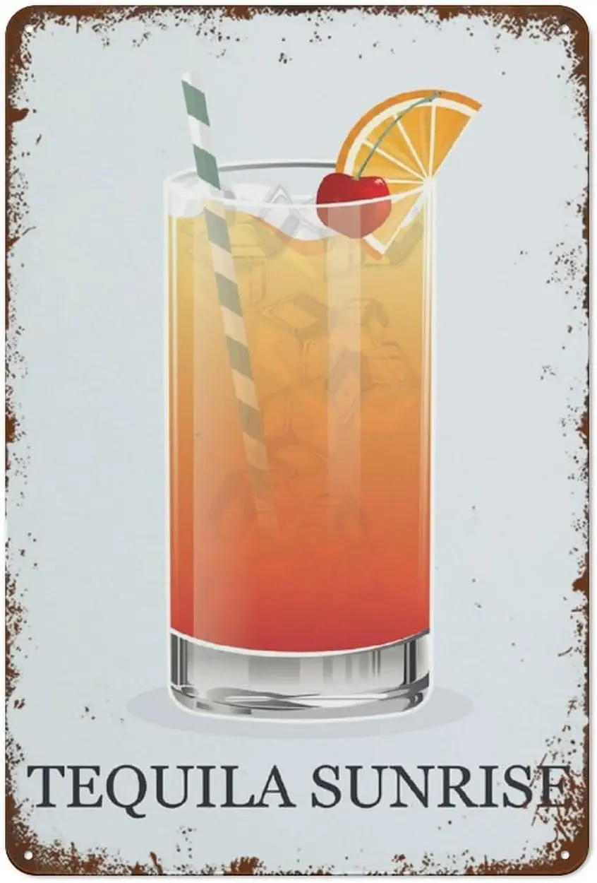 Teквила восход солнца, архивный принт для коктейлей, художественный принт, кухонный художественный декор, минималистичный ретро сад, металлический жестяной
