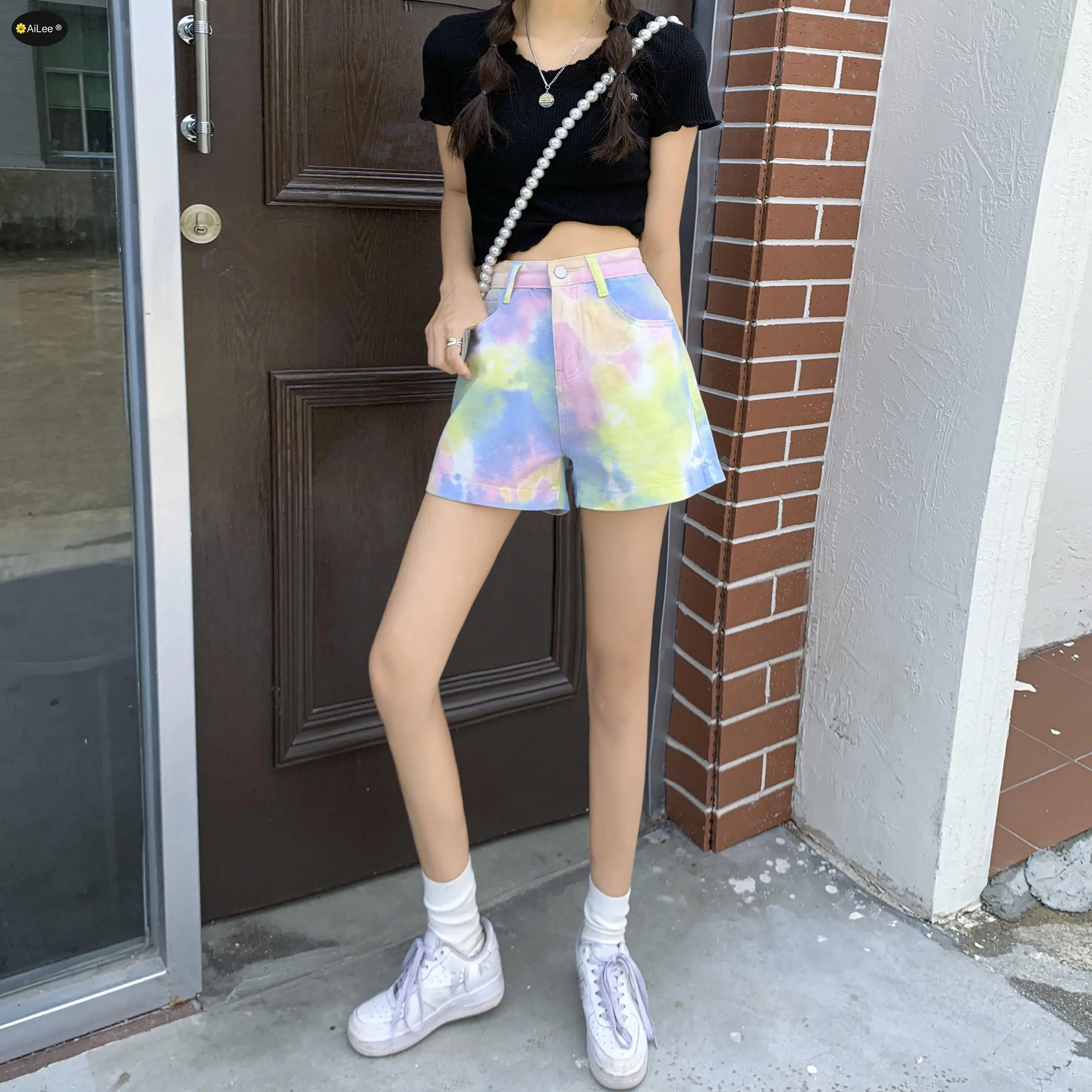 Tie Dye Demin Hot Shorts for Women Frayed Raw Hem Ripped Tassels Distressed High Rise Summer Clubwear Jeans for Teens Young Girl