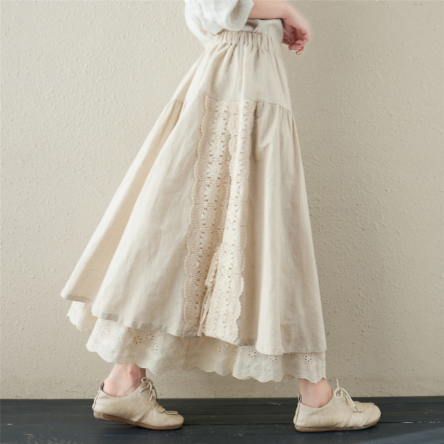 

Japanese Cotton Linen Long Skirts Women Vintage Embroider Lace Up A-line Sweet Elastic Hight Waist Lolita Female Pleated Skirt