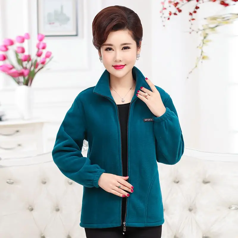 Mom Outfit Spring and Autumn New Stand Collar Tops Solid Color Zipper Splicing Pockets Loose and Casual Warm Long Sleeves Coat