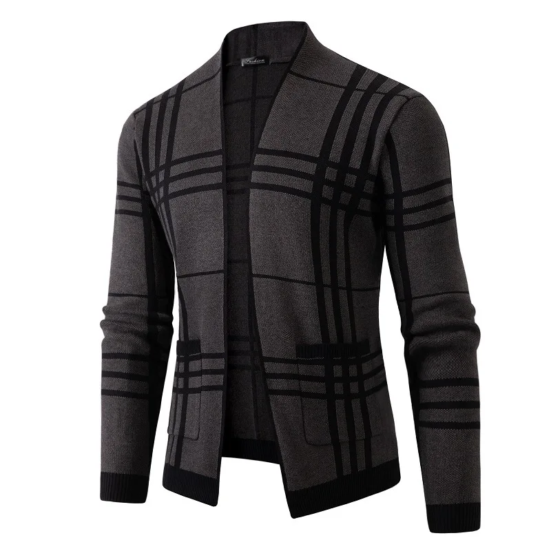 Description Picture 3 of item2024 Autumn/Winter European and American Men's Trendy Plaid Sweater Slim Fit Casual British Cardigan Sweater Jacket
