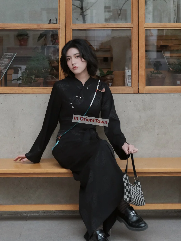 Asian Autumn Trend Woman China National Tibetan Black Gown Full Sleeve Quality Damask Robe Tibet Traditional Female Cotton Dress
