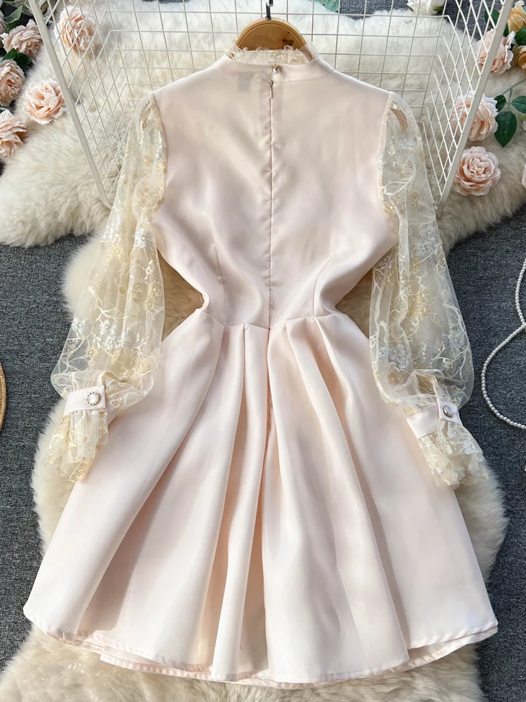 Abito corto Beige elegante da donna colletto alla coreana manica