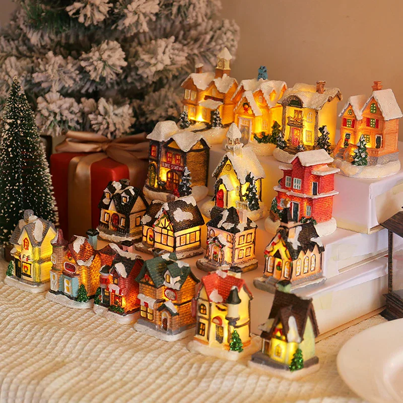 Mini LED Christmas Village Houses Building Xmas Winter Village Town Buildings Collection Home Indoor Room Decoration Xmas Gifts