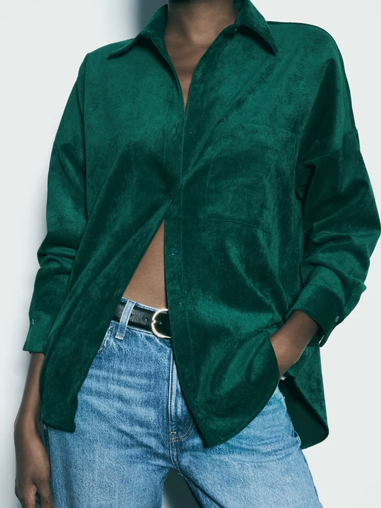 

2023 Women Autumn Loose Shirts Blouses Tops Casual Solid Pockets Corduroy Turn-down Collar Female Elegant Street Top Clothing