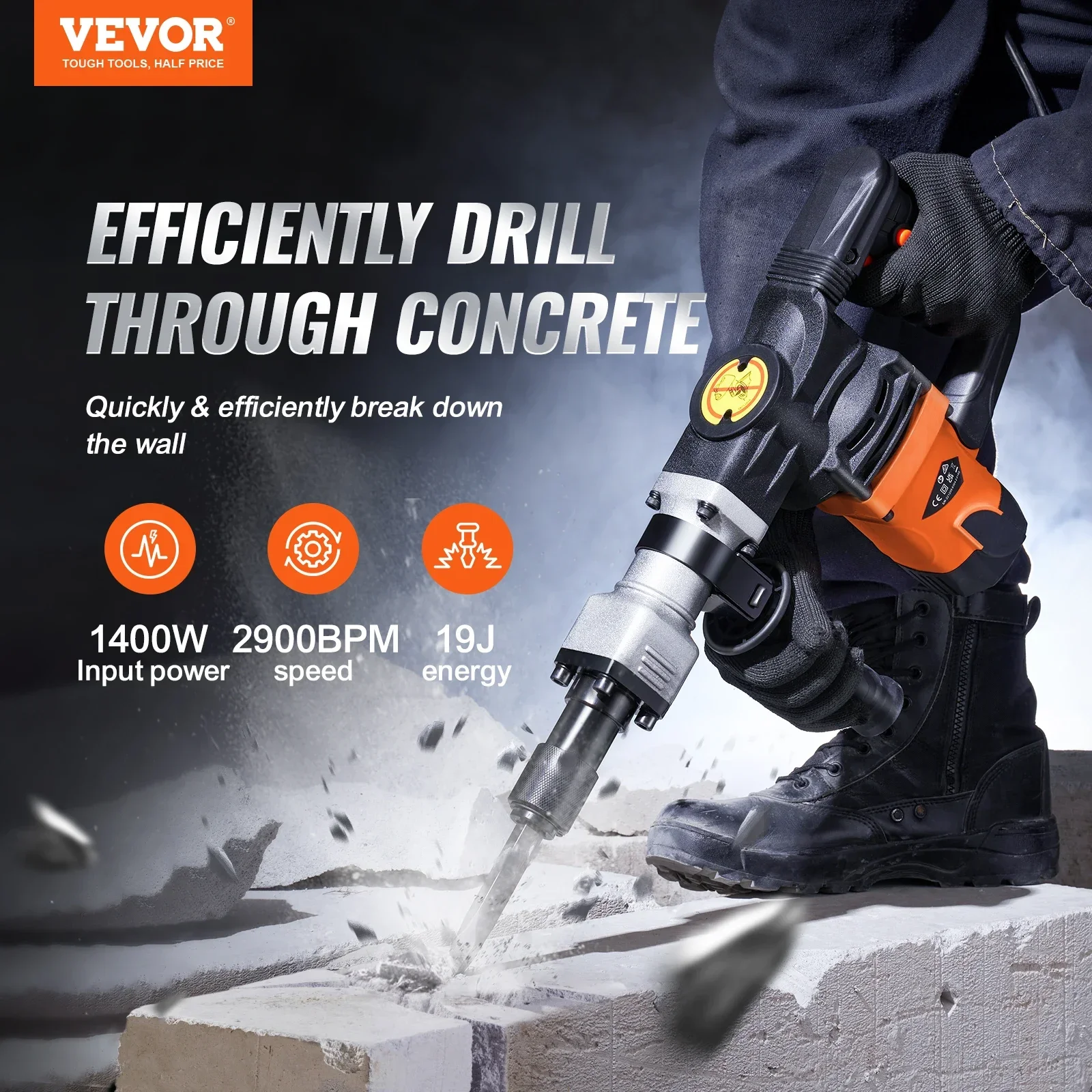 VEVOR 1400W Demolition Jack Hammer Electric Jackhammer Heavy Duty 2900 BPM Concrete Breaker 2pcs Chisels Bits Chipping 2