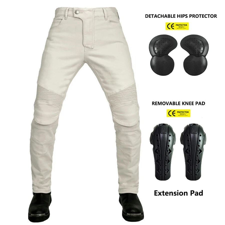 

2023 Four Seasons Motorcycle White Jeans Outdoor Riding Gear Pants Warm With Protective Gear Moto Jeans Knee Pads Removable