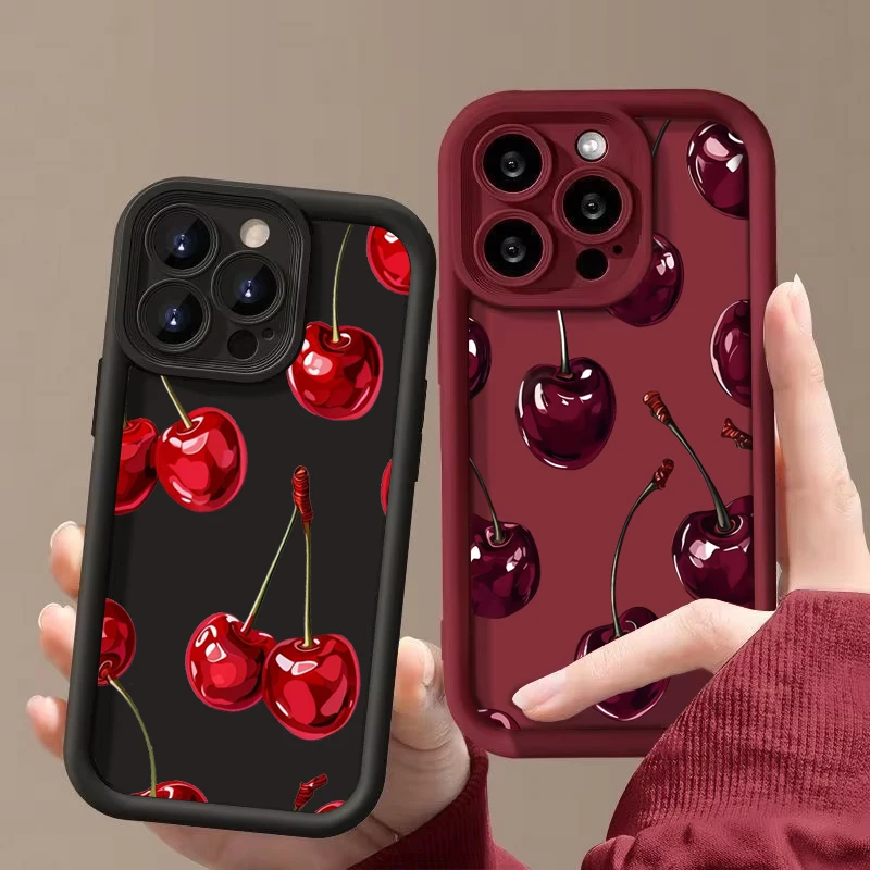Luxury Wine Red Cherry Print Silicone Soft Phone Case For iPhone 17 16 ...