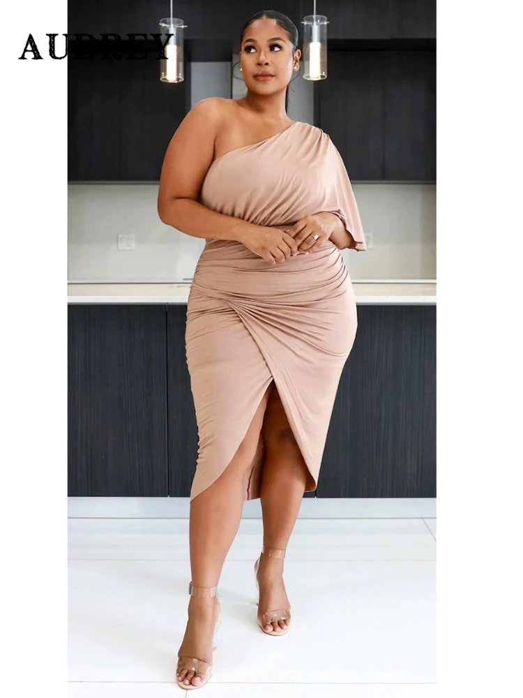 

Plus Size One Shoulder Irregular Hem Midi Dress for Women Solid Sexy Fitted Club Party Bodycon Dress 2023 Summer Sundress Chic