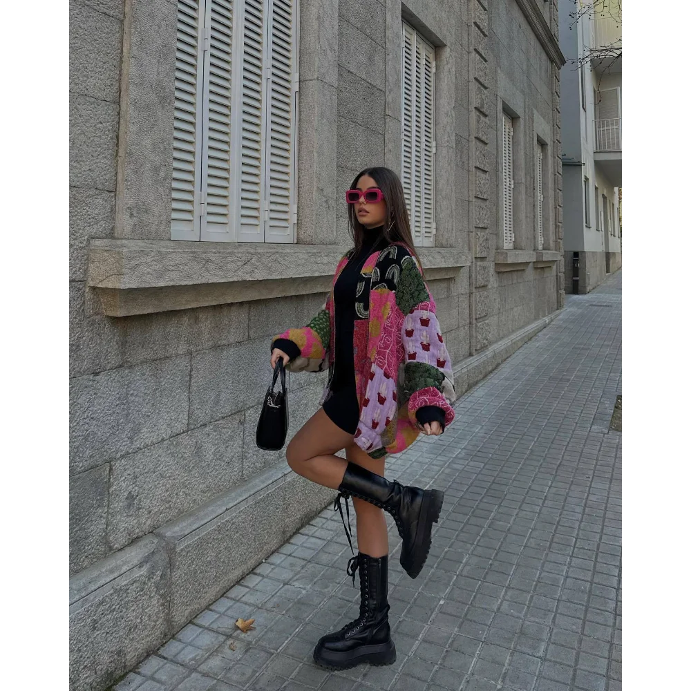 

Vintage Contrast Jacket for Women, Streetwear Fashion, Long Sleeve, Autumn and Winter