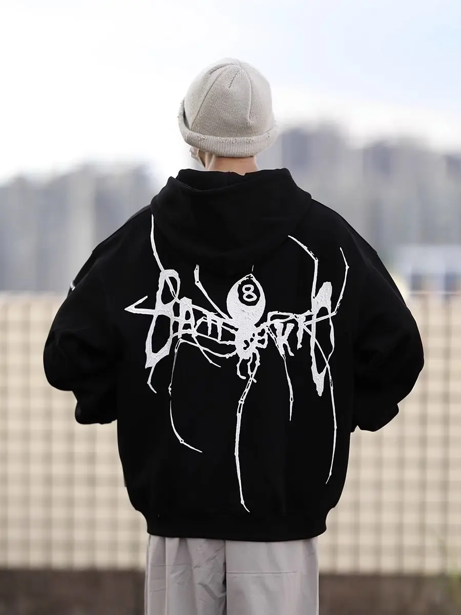 

Hip Hop Hoodie Coat Streetwear Harajuku Spider Graphic Print Zipper Hooded Sweatshirt Jacket Men Women Fashoin Punk Loose Coats