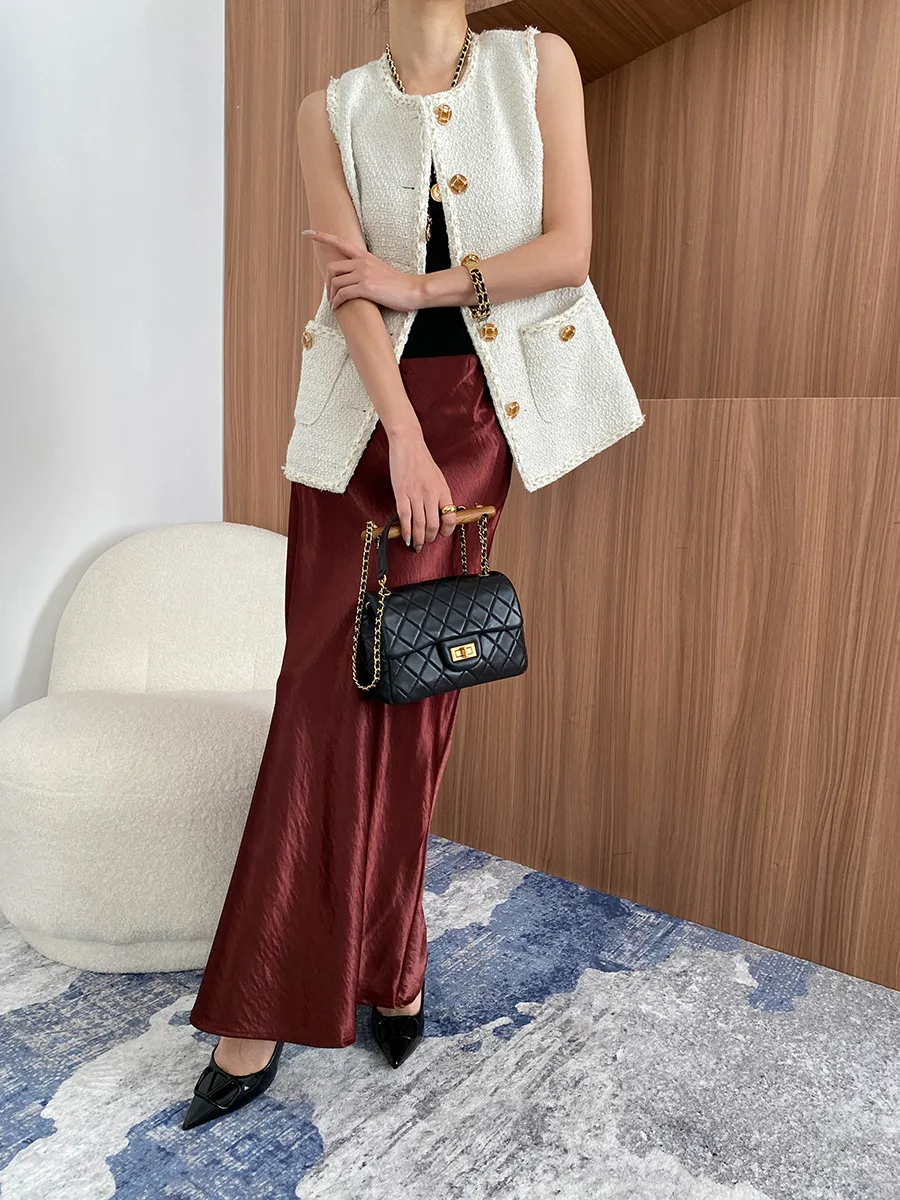 Thick Glossy Satin Midi Skirt Elegant Quiet Luxury Basic High-Waist Skirt or All Seasons