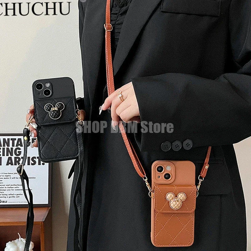 Disney Mickey Mouse Phone Case For IPhone 14 Pro Max 13 11 12 X XR XS Max Cover Luxury Leather Wallet Crossbody Lanyard Soft