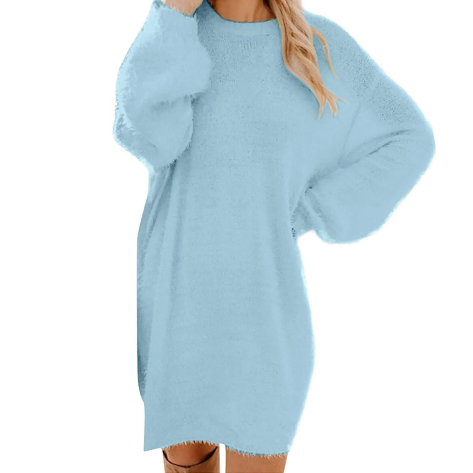 

Imitation Mink Fleece Sweater Dress New Plush Slim Solid Half High Neck Mid Length Embroidered Knit Bottom Dresses Autumn Winter