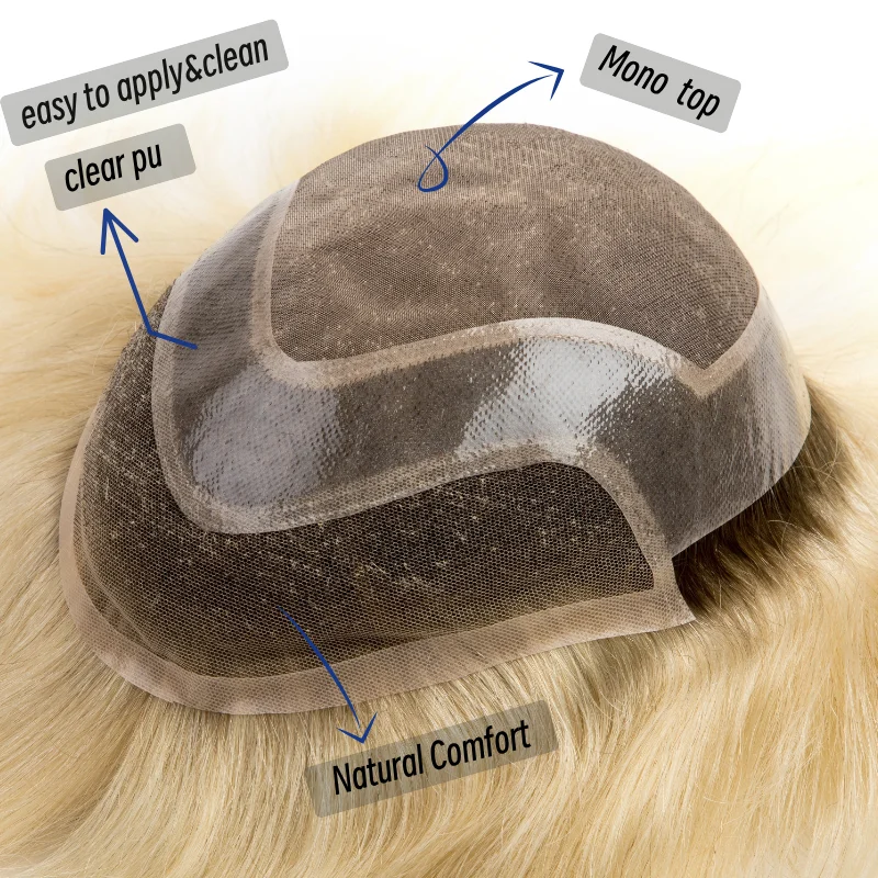 Male Hair Prosthesis Mono Lace PU Base Toupee Men Human Hair Durable Replacement For Men System Unit Mens Wigs Piece