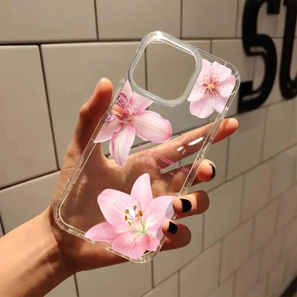 Elegant Pink Hibiscus Pattern Clear Shockproof Phone Case